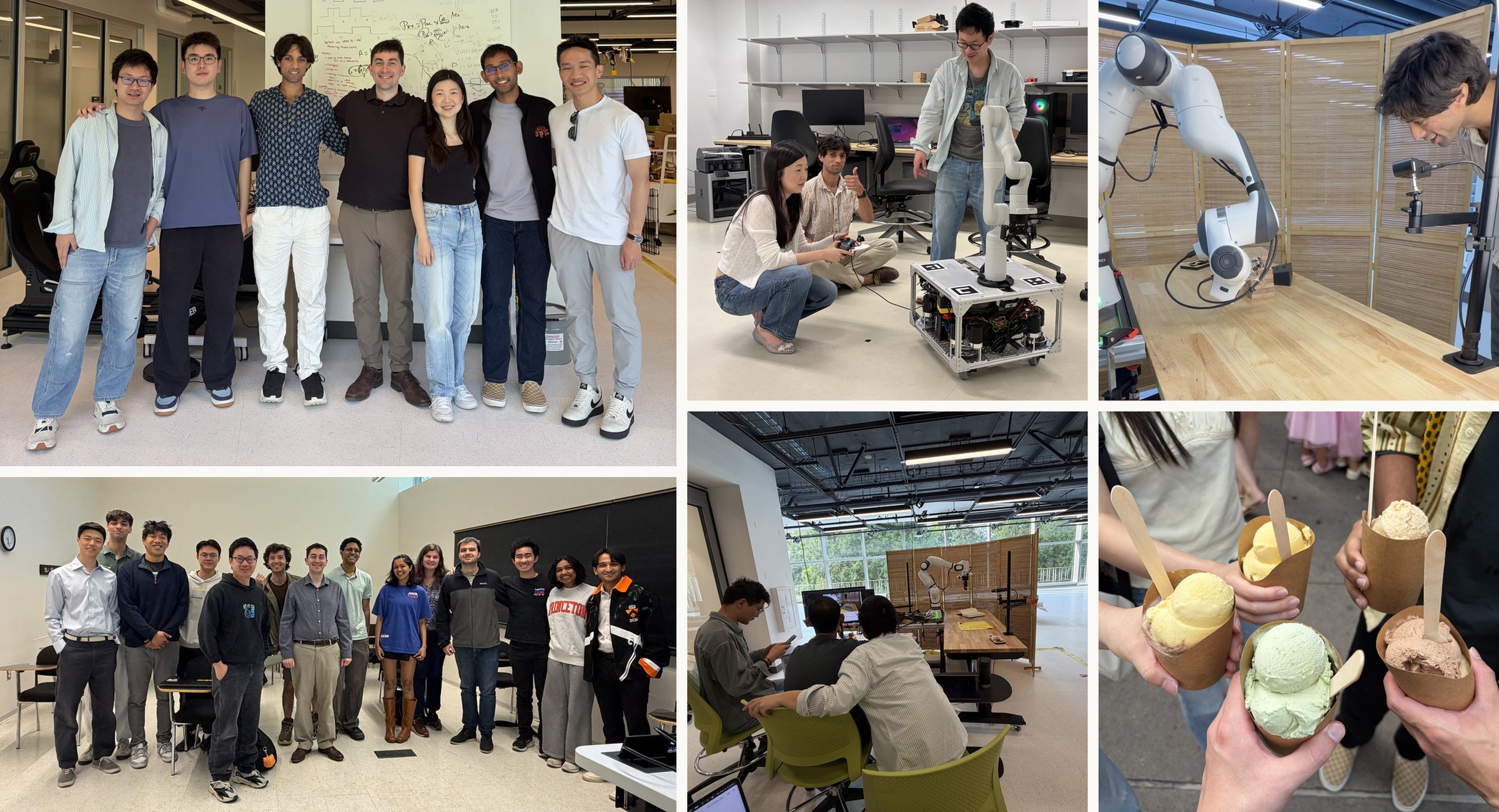 A collage of the PRPL group: members standing together in the lab and in a classroom, teleoperating a mobile manipulator, working at a robot workstation, watching a robot arm stack blocks, and holding ice cream cones