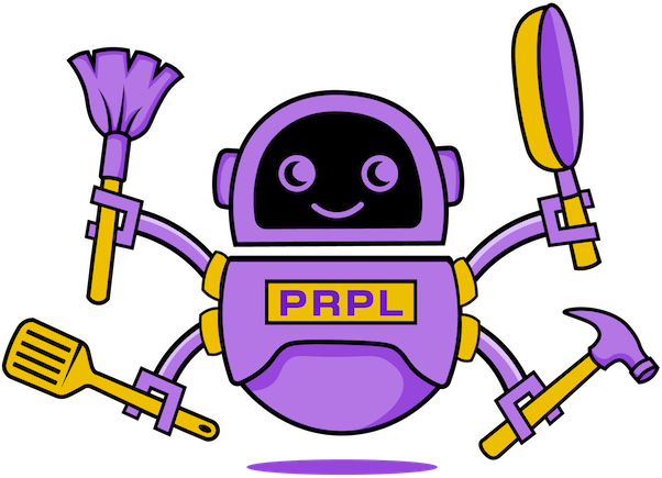 The PRPL robot mascot, holding a feather duster, spatula, magnifying glass, and hammer